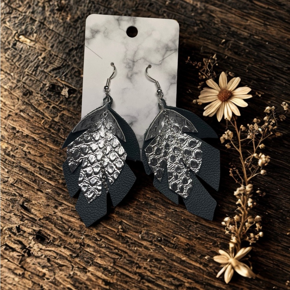 Elegant Silver and Dark Blue Feather Style Earrings